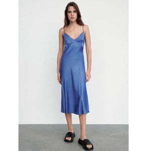 Zara Blue Satin Midi Slip Nightgown Dress Small